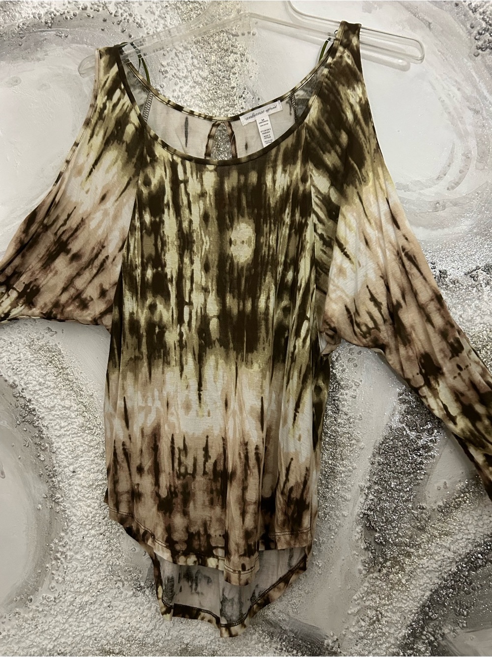 Ambiance Olive Tan Brown & Cream Jersey Knit Tie-Dye Cold-Shoulder Tunic
